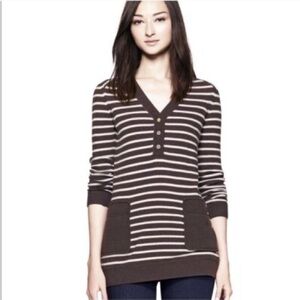 Tory Burch Red and Blue Striped V-Neck Sweater